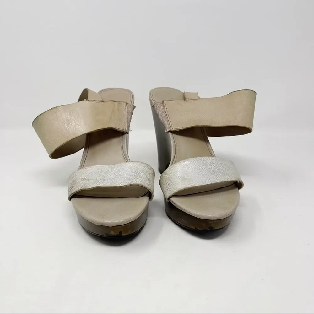 Franco Sarto Womens Size 6.5 Georgette Leather Wedge Sandal Heels Cream Bown